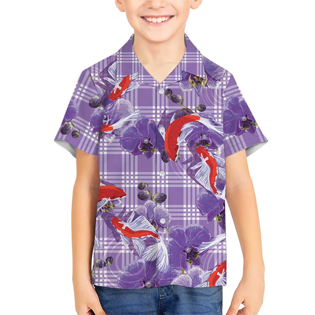 Lavender Palaka Hawaii Aloha Family Matching Off The Shoulder Long Sleeve Dress and Hawaiian Shirt Koi Pond Mix Orchids LT7 - Polynesian Pride