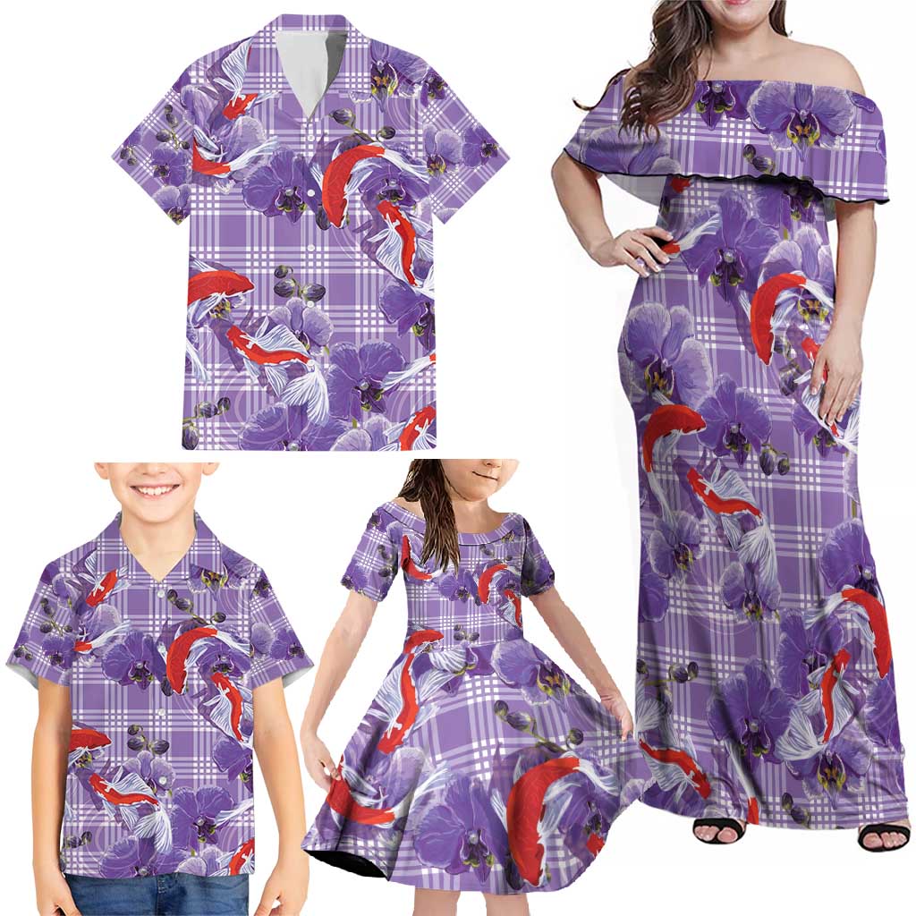 Lavender Palaka Hawaii Aloha Family Matching Off Shoulder Maxi Dress and Hawaiian Shirt Koi Pond Mix Orchids - Polynesian Pride
