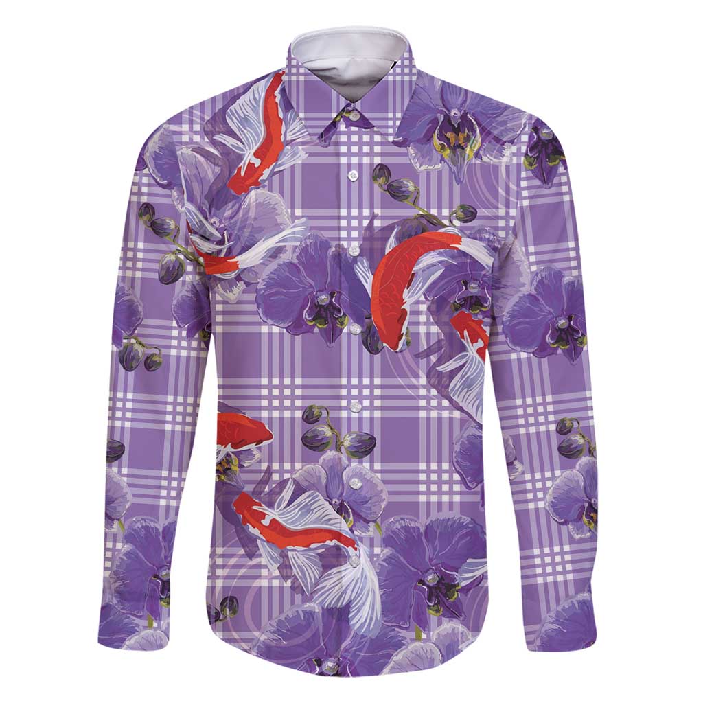 Lavender Palaka Hawaii Aloha Family Matching Off Shoulder Maxi Dress and Hawaiian Shirt Koi Pond Mix Orchids - Polynesian Pride