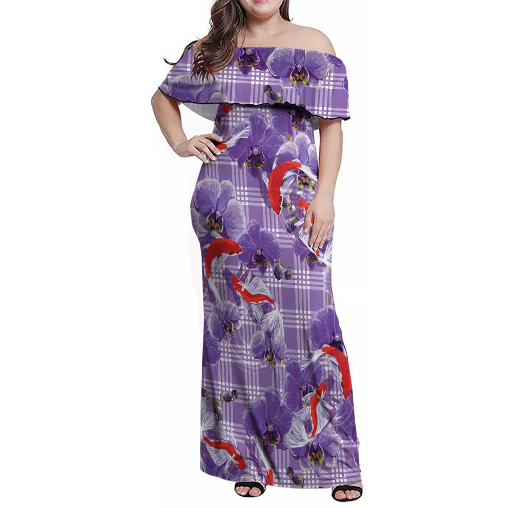Lavender Palaka Hawaii Aloha Family Matching Off Shoulder Maxi Dress and Hawaiian Shirt Koi Pond Mix Orchids - Polynesian Pride