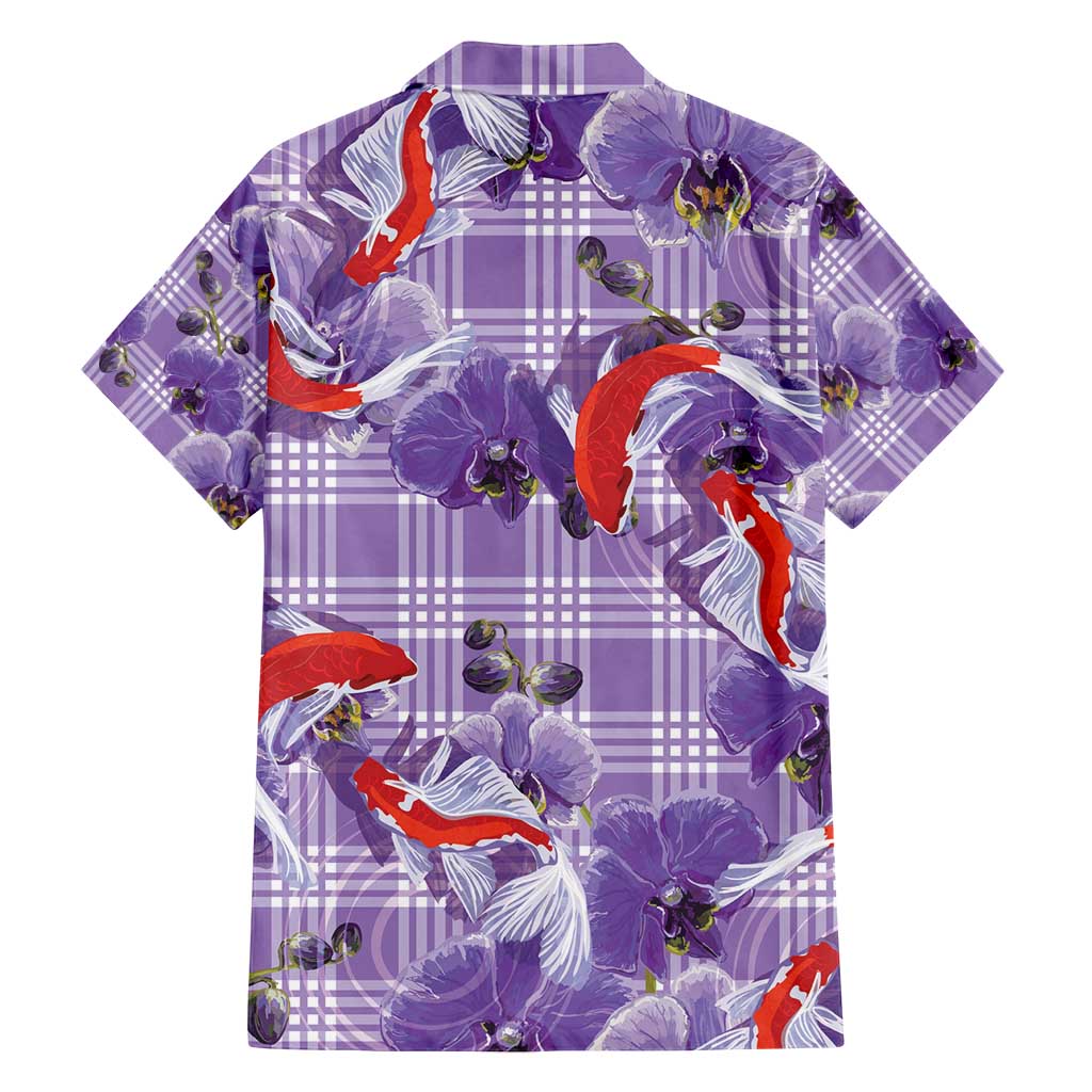 Lavender Palaka Hawaii Aloha Family Matching Off Shoulder Short Dress and Hawaiian Shirt Koi Pond Mix Orchids - Polynesian Pride