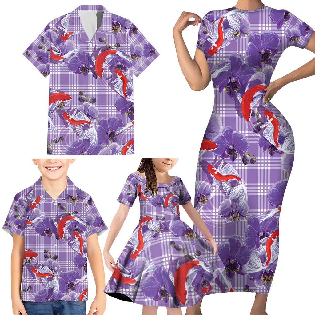 Lavender Palaka Hawaii Aloha Family Matching Short Sleeve Bodycon Dress and Hawaiian Shirt Koi Pond Mix Orchids - Polynesian Pride