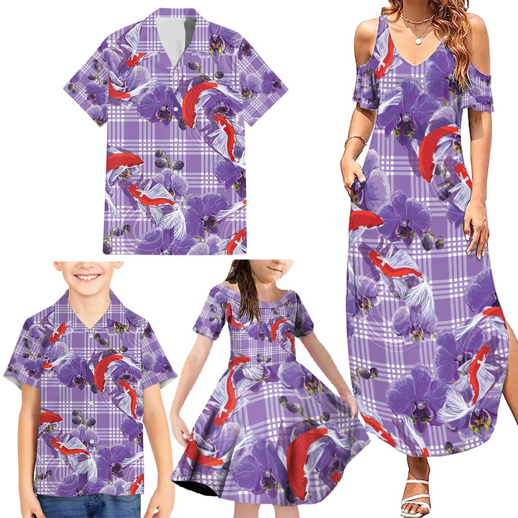 Lavender Palaka Hawaii Aloha Family Matching Summer Maxi Dress and Hawaiian Shirt Koi Pond Mix Orchids - Polynesian Pride