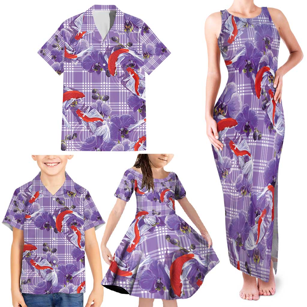 Lavender Palaka Hawaii Aloha Family Matching Tank Maxi Dress and Hawaiian Shirt Koi Pond Mix Orchids - Polynesian Pride