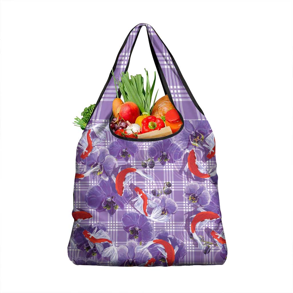 Lavender Palaka Hawaii Aloha Grocery Bag Koi Pond Mix Orchids - Polynesian Pride