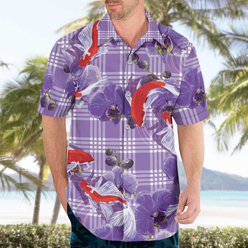 Lavender Palaka Hawaii Aloha Hawaiian Shirt Koi Pond Mix Orchids - Polynesian Pride
