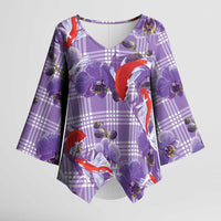 Lavender Palaka Hawaii Aloha Kimono Sleeve Blouse Koi Pond Mix Orchids - Polynesian Pride