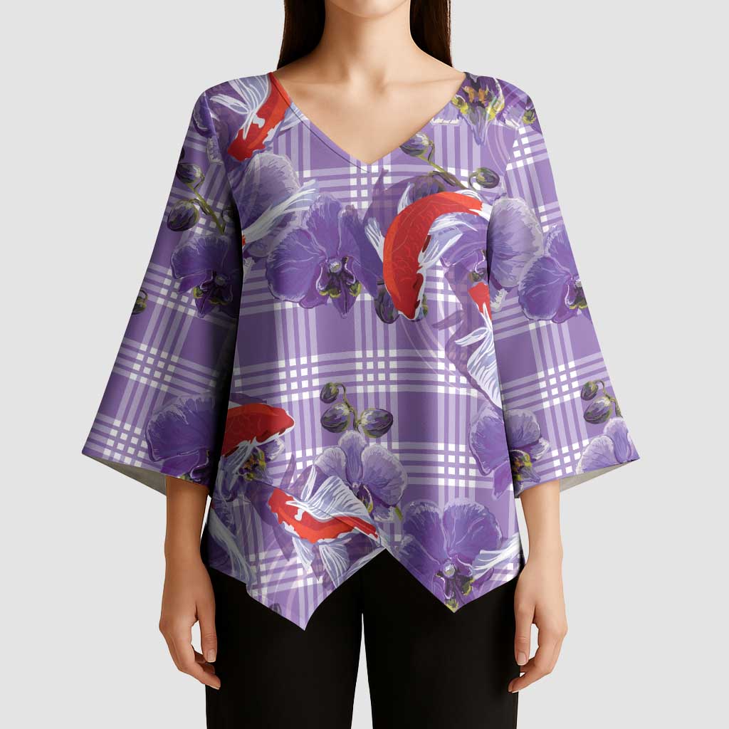 Lavender Palaka Hawaii Aloha Kimono Sleeve Blouse Koi Pond Mix Orchids - Polynesian Pride