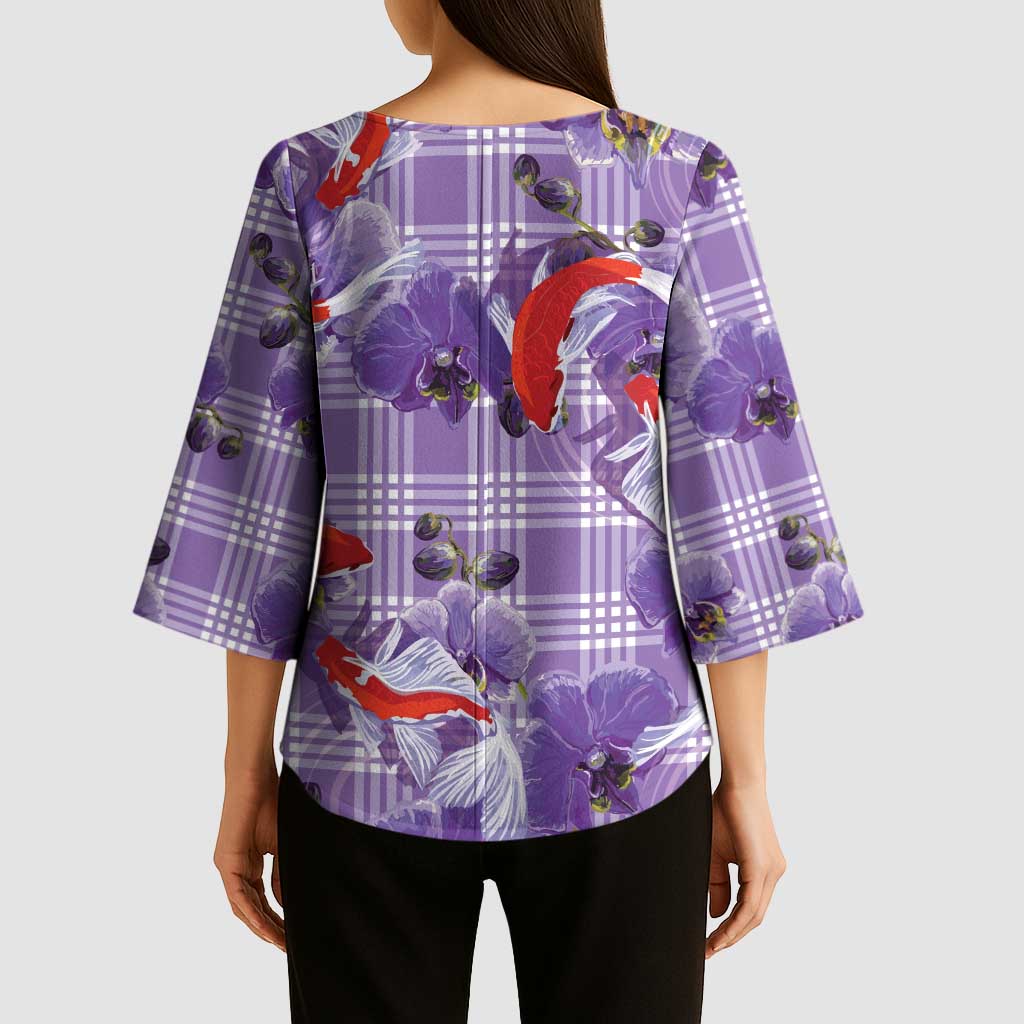 Lavender Palaka Hawaii Aloha Kimono Sleeve Blouse Koi Pond Mix Orchids - Polynesian Pride