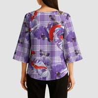 Lavender Palaka Hawaii Aloha Kimono Sleeve Blouse Koi Pond Mix Orchids - Polynesian Pride
