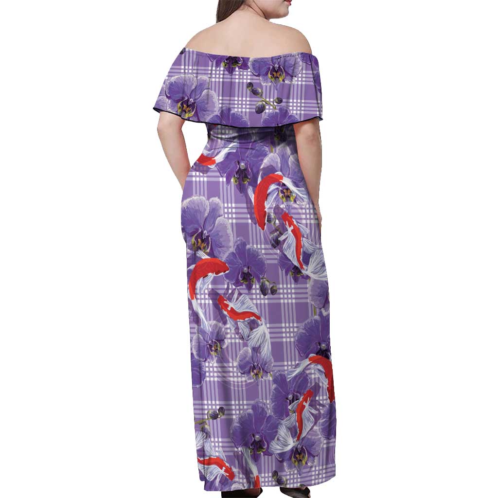 Lavender Palaka Hawaii Aloha Off Shoulder Maxi Dress Koi Pond Mix Orchids - Polynesian Pride
