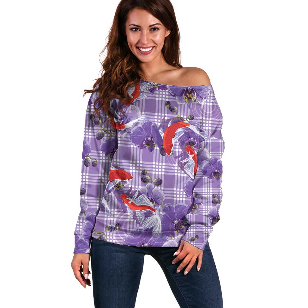Lavender Palaka Hawaii Aloha Off Shoulder Sweater Koi Pond Mix Orchids - Polynesian Pride