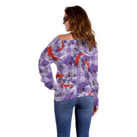 Lavender Palaka Hawaii Aloha Off Shoulder Sweater Koi Pond Mix Orchids - Polynesian Pride
