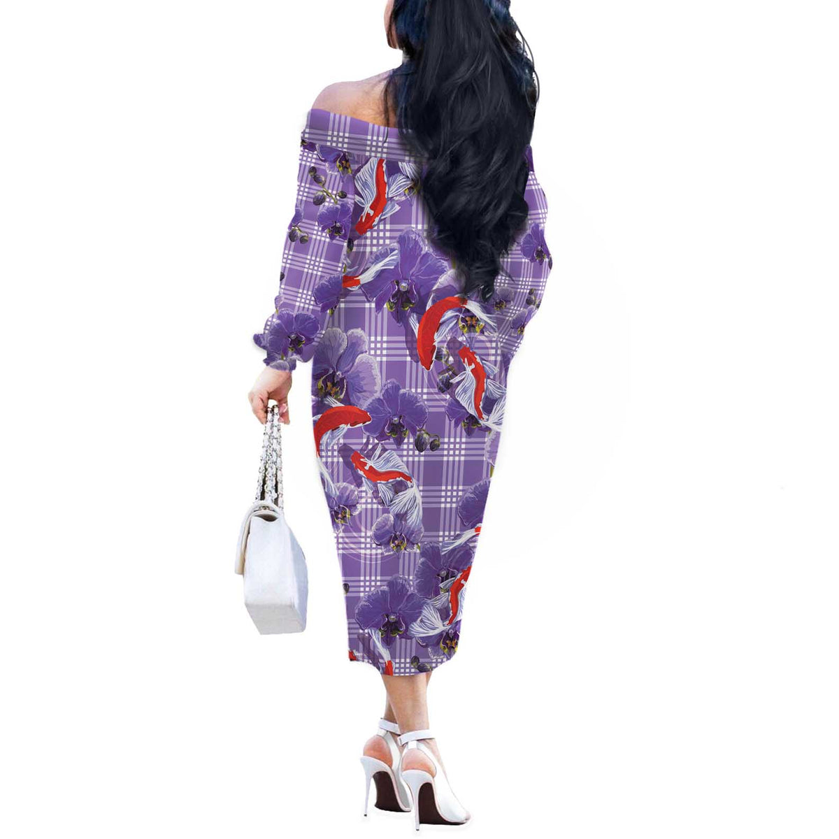Lavender Palaka Hawaii Aloha Off The Shoulder Long Sleeve Dress Koi Pond Mix Orchids - Polynesian Pride