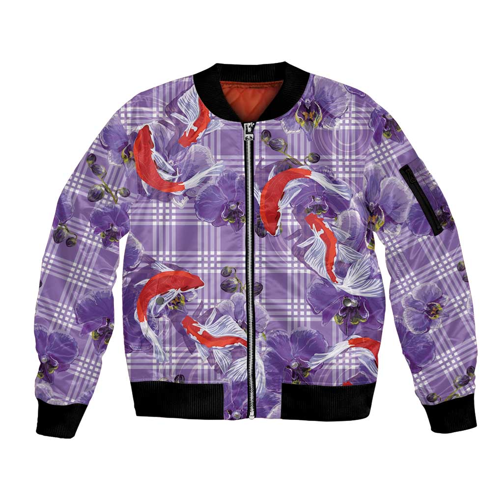 Lavender Palaka Hawaii Aloha Sleeve Zip Bomber Jacket Koi Pond Mix Orchids - Polynesian Pride