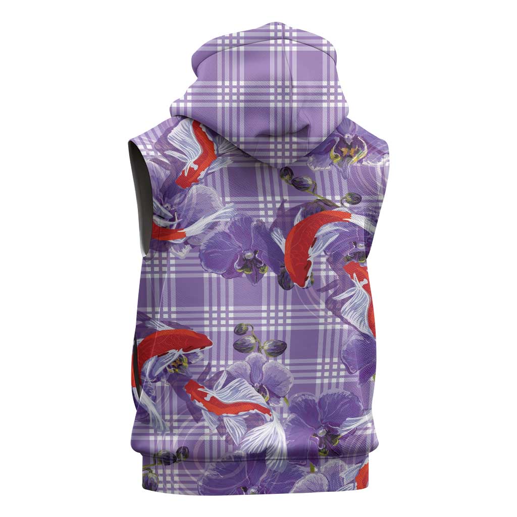 Lavender Palaka Hawaii Aloha Sleeveless Zip Hoodie Koi Pond Mix Orchids - Polynesian Pride