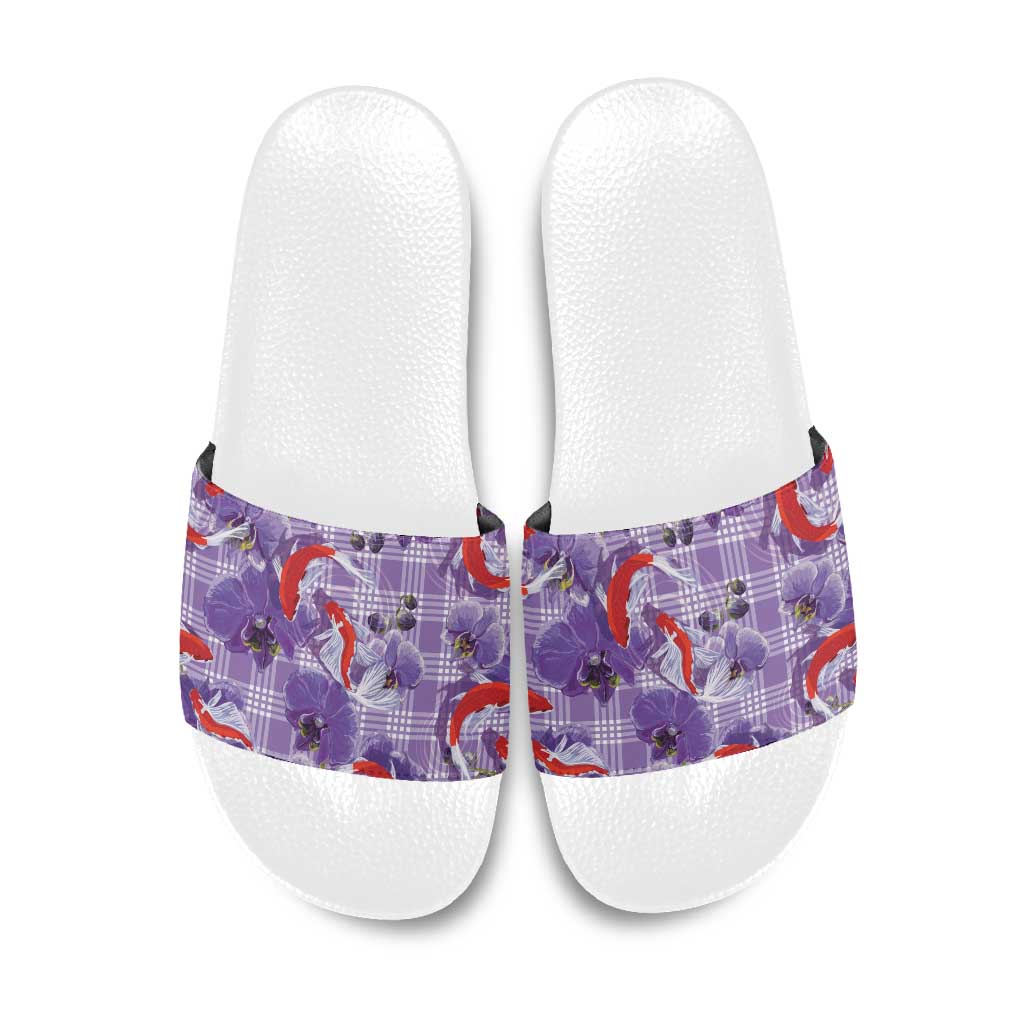 Lavender Palaka Hawaii Aloha Slide Sandals Koi Pond Mix Orchids - Polynesian Pride