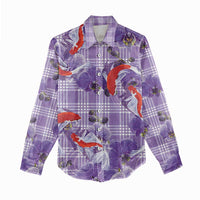 Lavender Palaka Hawaii Aloha Women Casual Shirt Koi Pond Mix Orchids - Polynesian Pride
