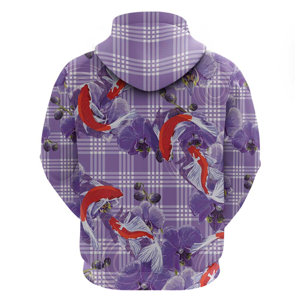 Lavender Palaka Hawaii Aloha Zip Hoodie Koi Pond Mix Orchids - Polynesian Pride