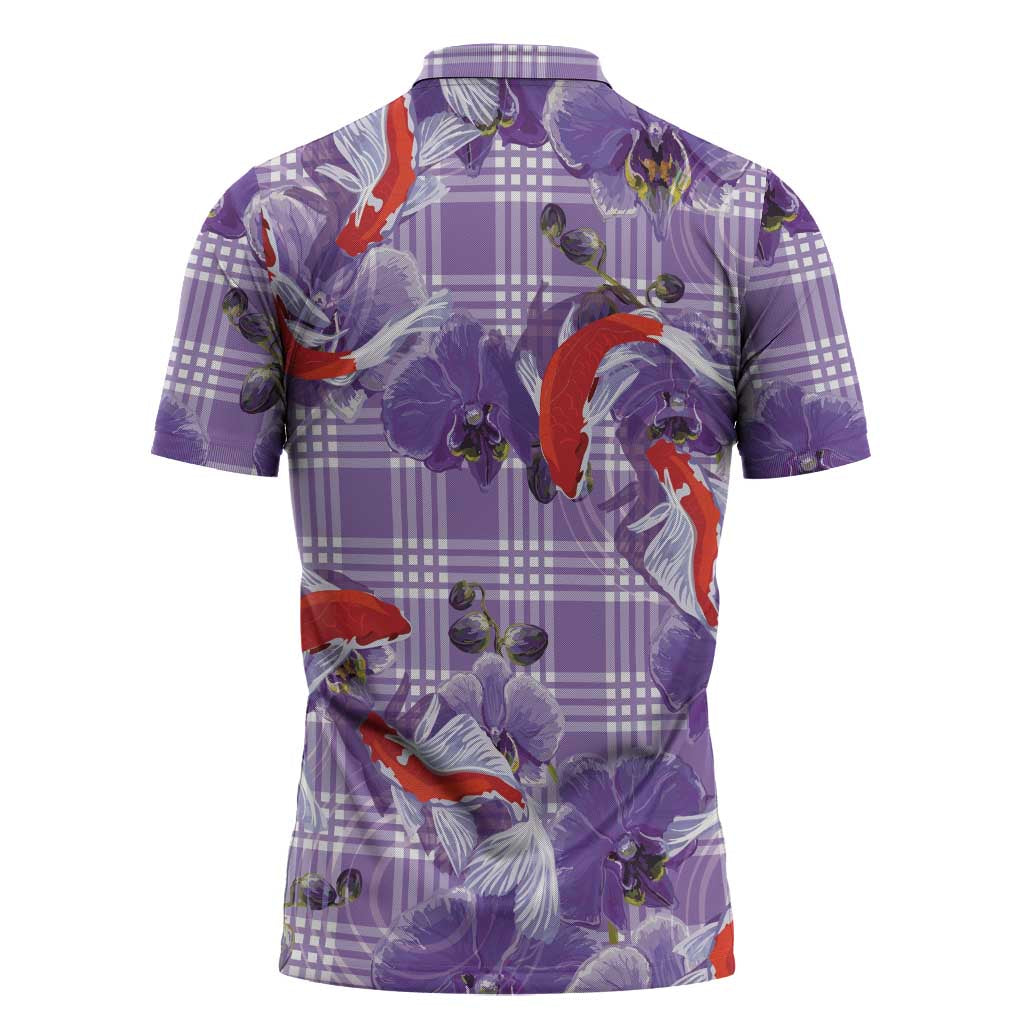 Lavender Palaka Hawaii Aloha Zipper Polo Shirt Koi Pond Mix Orchids - Polynesian Pride