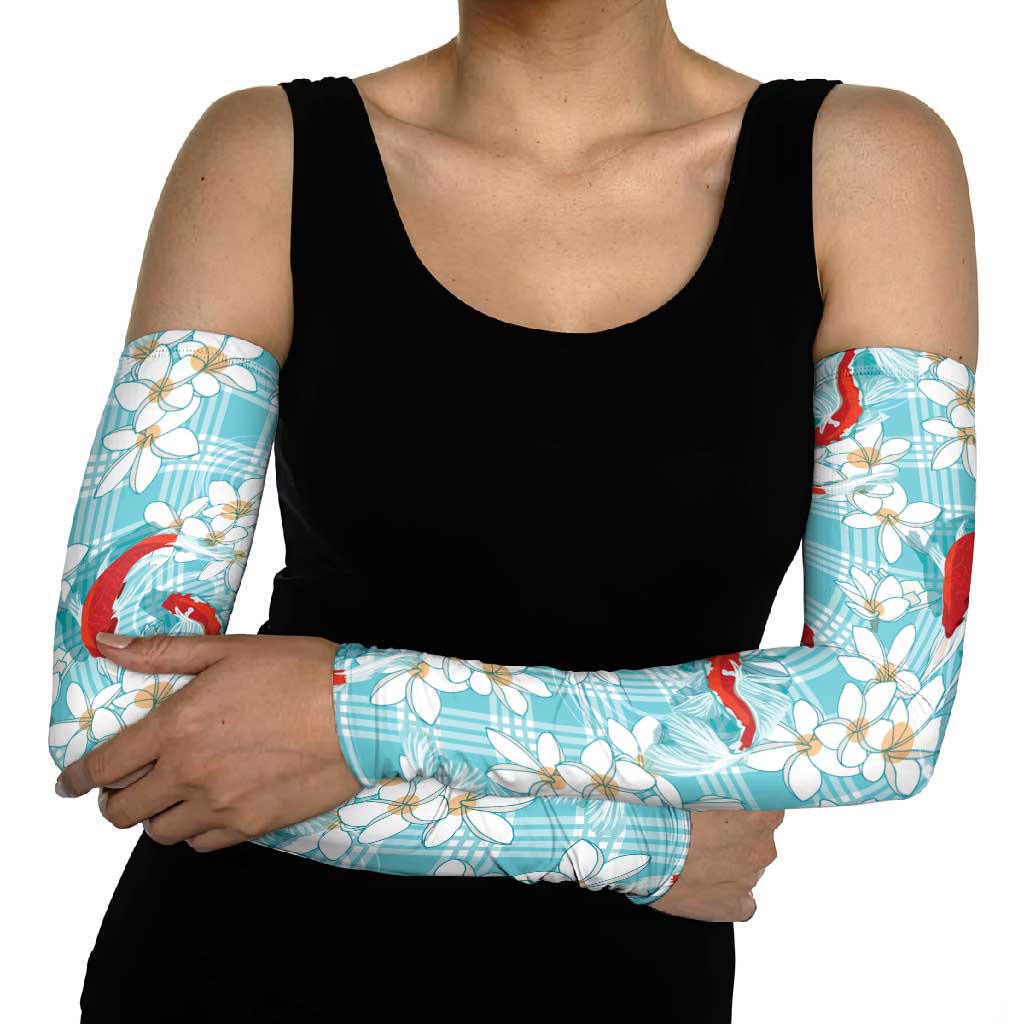 Turquoise Palaka Hawaii Aloha Arm Sleeves Koi Pond Mix Plumeria - Polynesian Pride