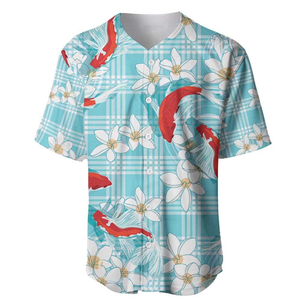 Turquoise Palaka Hawaii Aloha Baseball Jersey Koi Pond Mix Plumeria - Polynesian Pride