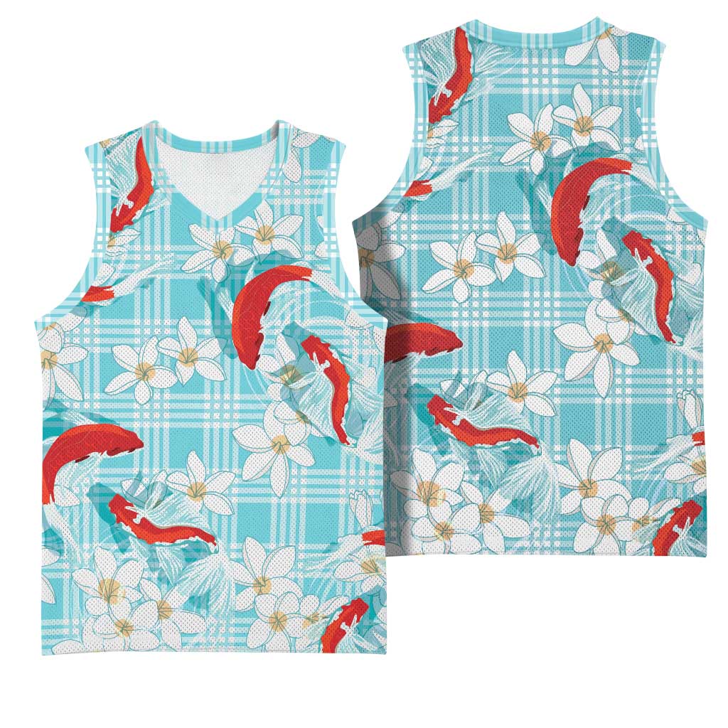 Turquoise Palaka Hawaii Aloha Basketball Jersey Koi Pond Mix Plumeria - Polynesian Pride