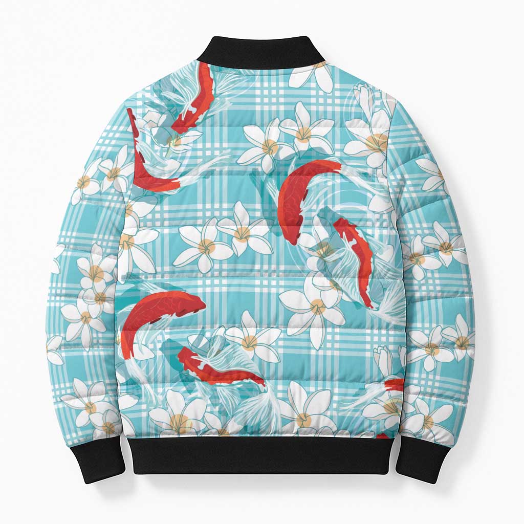 Turquoise Palaka Hawaii Aloha Bomber Puffer Jacket Koi Pond Mix Plumeria - Polynesian Pride