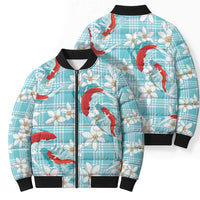 Turquoise Palaka Hawaii Aloha Bomber Puffer Jacket Koi Pond Mix Plumeria - Polynesian Pride