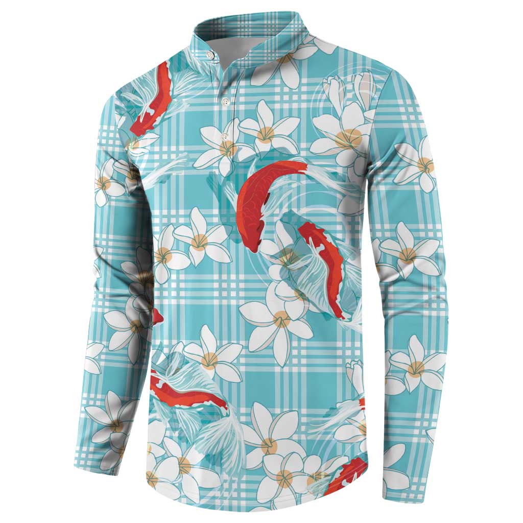 Turquoise Palaka Hawaii Aloha Button Sweatshirt Koi Pond Mix Plumeria - Polynesian Pride