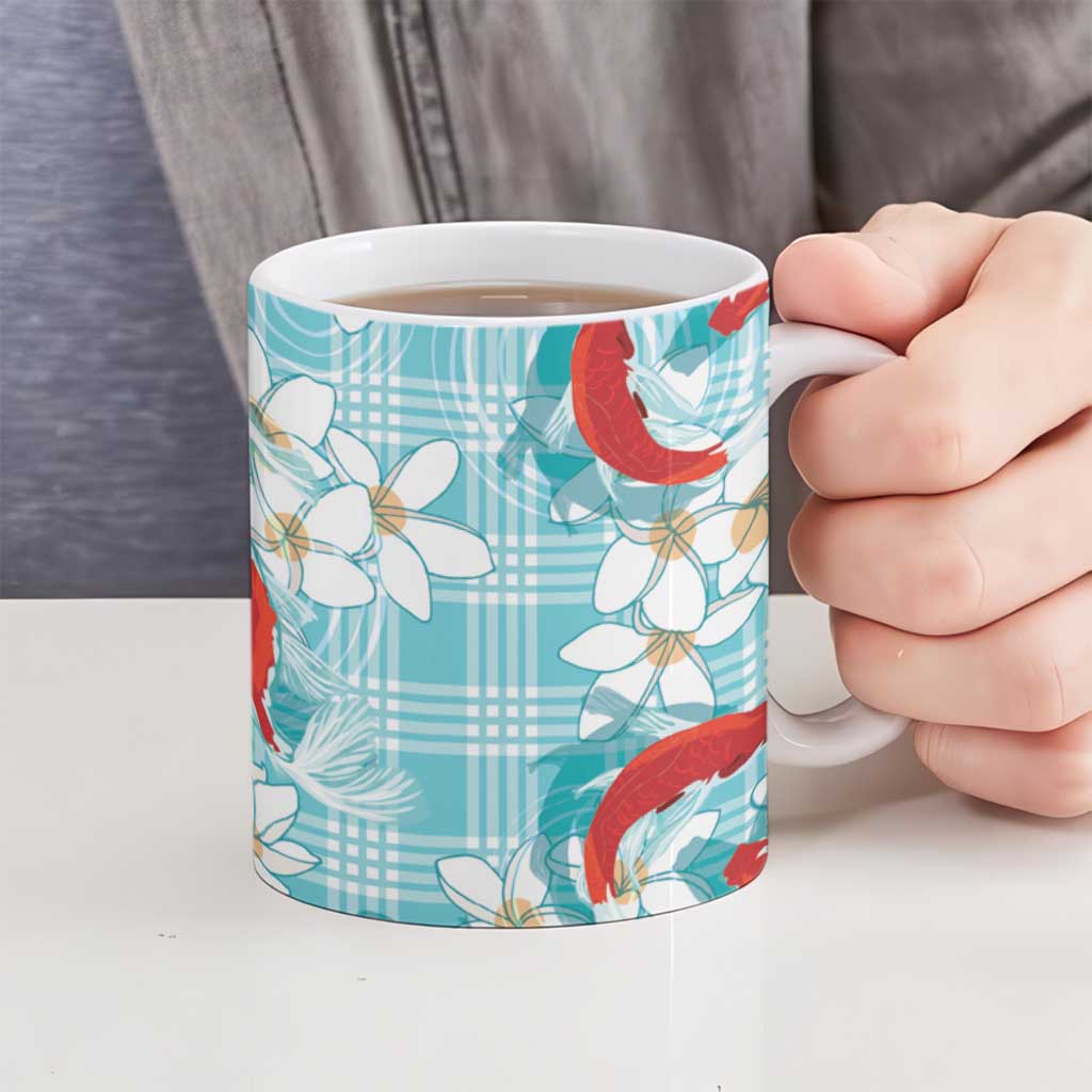 Turquoise Palaka Hawaii Aloha Ceramic Mug Koi Pond Mix Plumeria - Polynesian Pride