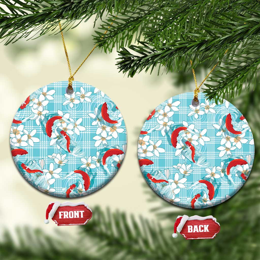 Turquoise Palaka Hawaii Aloha Ceramic Ornament Koi Pond Mix Plumeria - Polynesian Pride