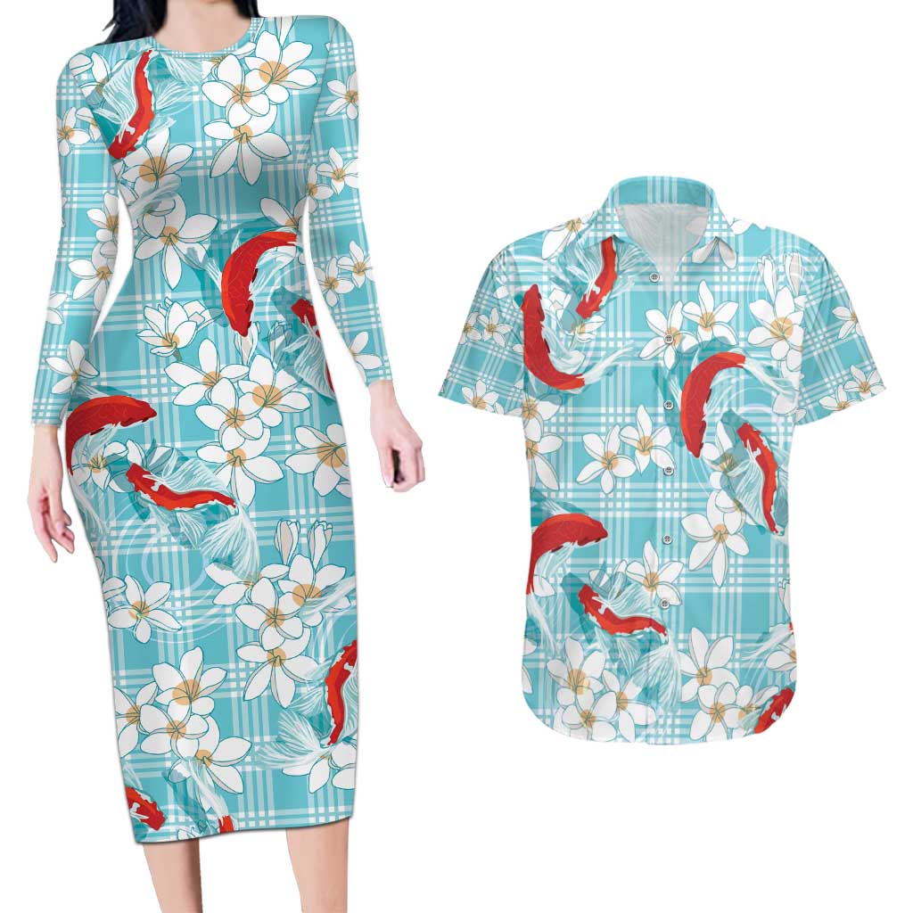 Turquoise Palaka Hawaii Aloha Couples Matching Long Sleeve Bodycon Dress and Hawaiian Shirt Koi Pond Mix Plumeria - Polynesian Pride