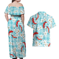Turquoise Palaka Hawaii Aloha Couples Matching Off Shoulder Maxi Dress and Hawaiian Shirt Koi Pond Mix Plumeria - Polynesian Pride
