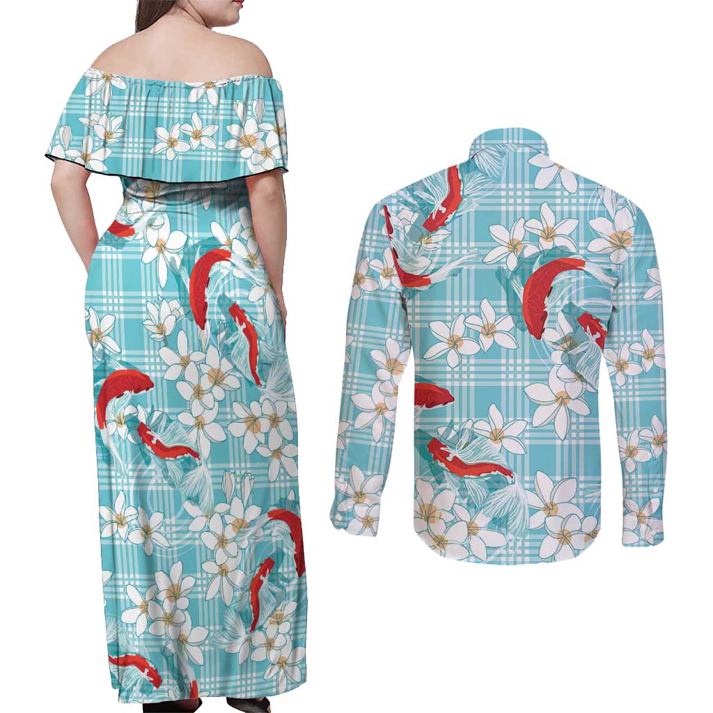 Turquoise Palaka Hawaii Aloha Couples Matching Off Shoulder Maxi Dress and Long Sleeve Button Shirt Koi Pond Mix Plumeria - Polynesian Pride
