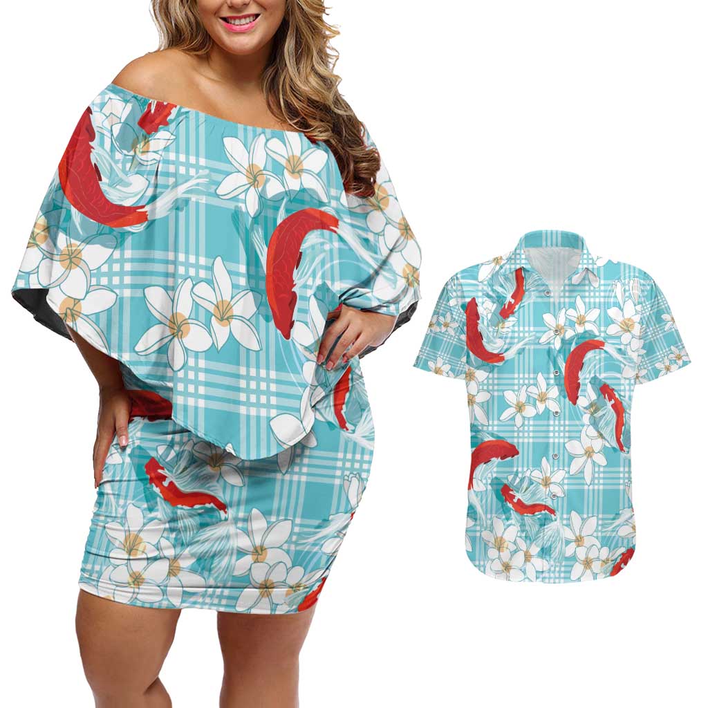 Turquoise Palaka Hawaii Aloha Couples Matching Off Shoulder Short Dress and Hawaiian Shirt Koi Pond Mix Plumeria - Polynesian Pride