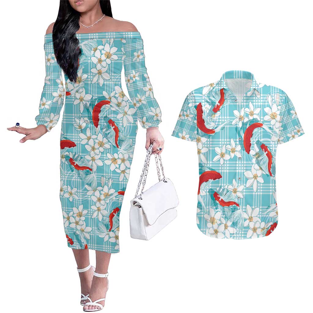 Turquoise Palaka Hawaii Aloha Couples Matching Off The Shoulder Long Sleeve Dress and Hawaiian Shirt Koi Pond Mix Plumeria - Polynesian Pride