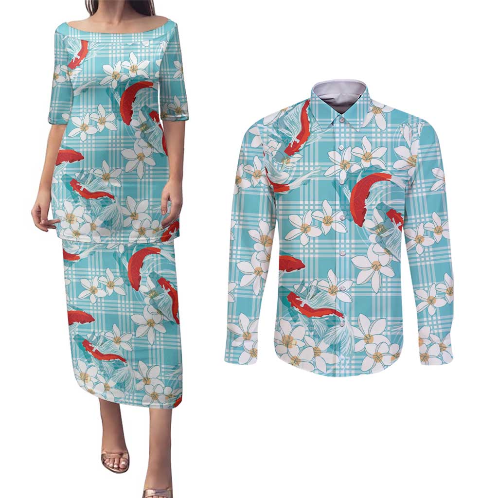 Turquoise Palaka Hawaii Aloha Couples Matching Puletasi and Long Sleeve Button Shirt Koi Pond Mix Plumeria - Polynesian Pride