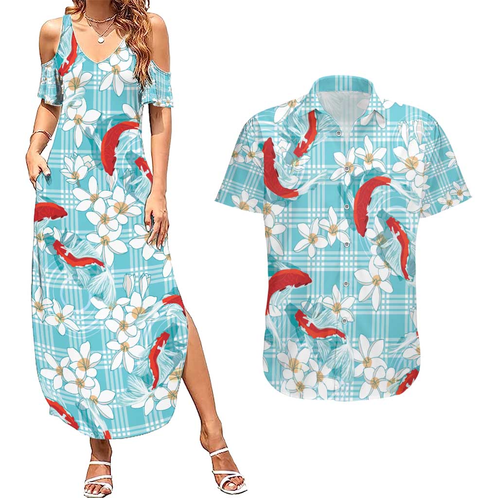 Turquoise Palaka Hawaii Aloha Couples Matching Summer Maxi Dress and Hawaiian Shirt Koi Pond Mix Plumeria - Polynesian Pride