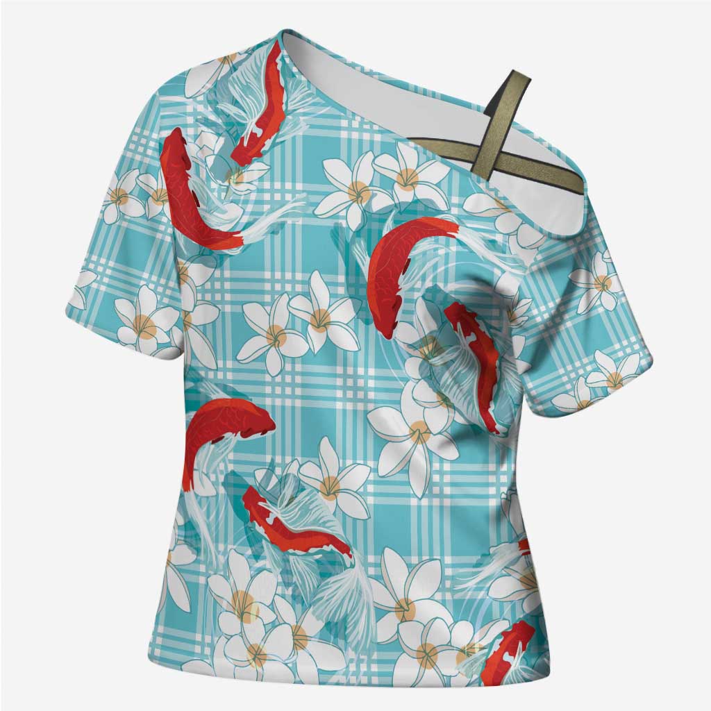 Turquoise Palaka Hawaii Aloha Cross Shoulder Shirt Koi Pond Mix Plumeria - Polynesian Pride