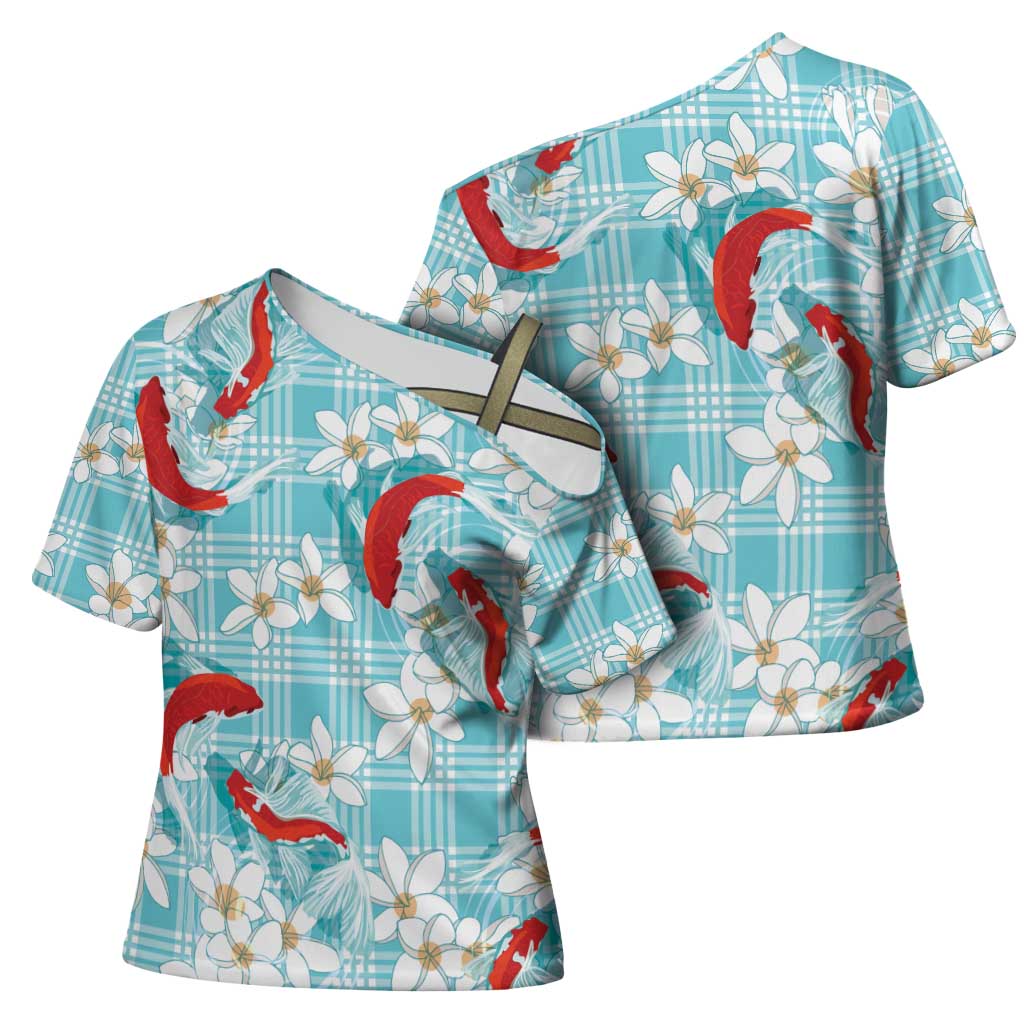 Turquoise Palaka Hawaii Aloha Cross Shoulder Shirt Koi Pond Mix Plumeria - Polynesian Pride