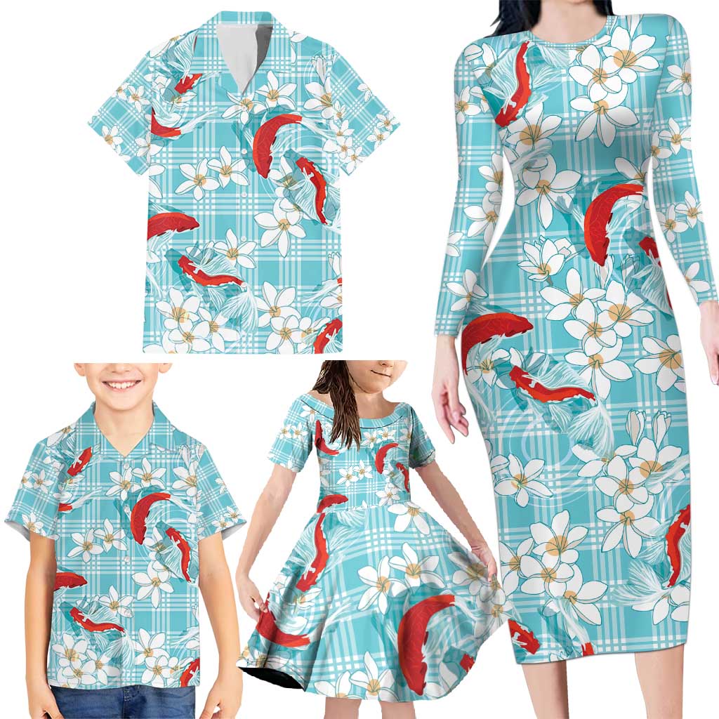 Turquoise Palaka Hawaii Aloha Family Matching Long Sleeve Bodycon Dress and Hawaiian Shirt Koi Pond Mix Plumeria - Polynesian Pride
