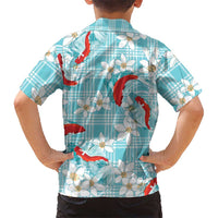 Turquoise Palaka Hawaii Aloha Family Matching Off The Shoulder Long Sleeve Dress and Hawaiian Shirt Koi Pond Mix Plumeria LT7 - Polynesian Pride