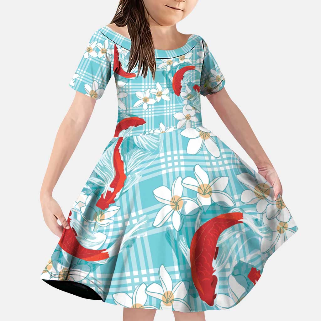 Turquoise Palaka Hawaii Aloha Family Matching Off The Shoulder Long Sleeve Dress and Hawaiian Shirt Koi Pond Mix Plumeria LT7 Daughter's Dress Turquoise - Polynesian Pride