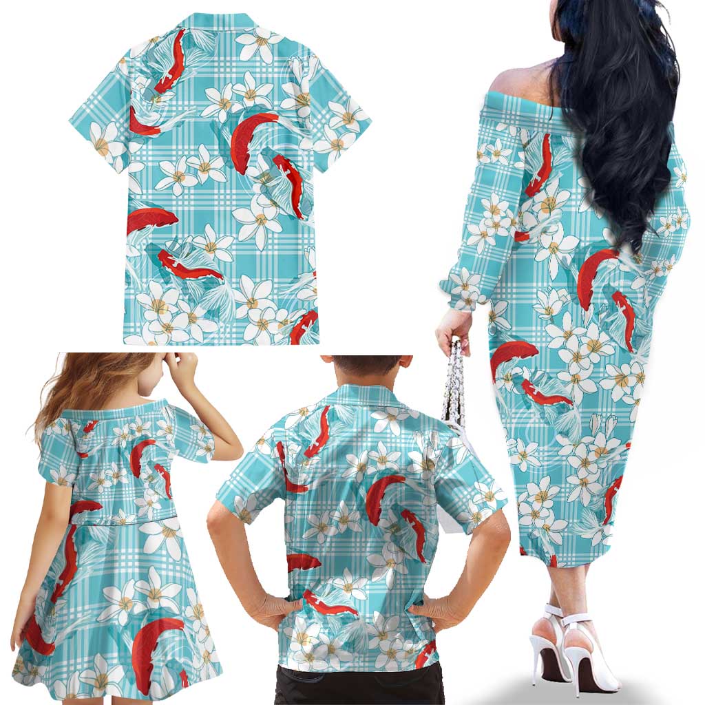 Turquoise Palaka Hawaii Aloha Family Matching Off The Shoulder Long Sleeve Dress and Hawaiian Shirt Koi Pond Mix Plumeria LT7 - Polynesian Pride