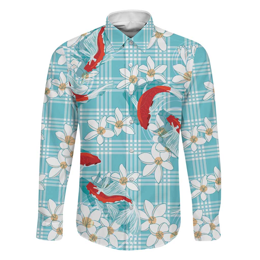 Turquoise Palaka Hawaii Aloha Family Matching Off The Shoulder Long Sleeve Dress and Hawaiian Shirt Koi Pond Mix Plumeria LT7 Dad's Shirt - Long Sleeve Turquoise - Polynesian Pride