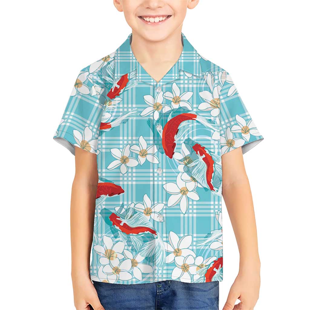 Turquoise Palaka Hawaii Aloha Family Matching Off The Shoulder Long Sleeve Dress and Hawaiian Shirt Koi Pond Mix Plumeria LT7 - Polynesian Pride