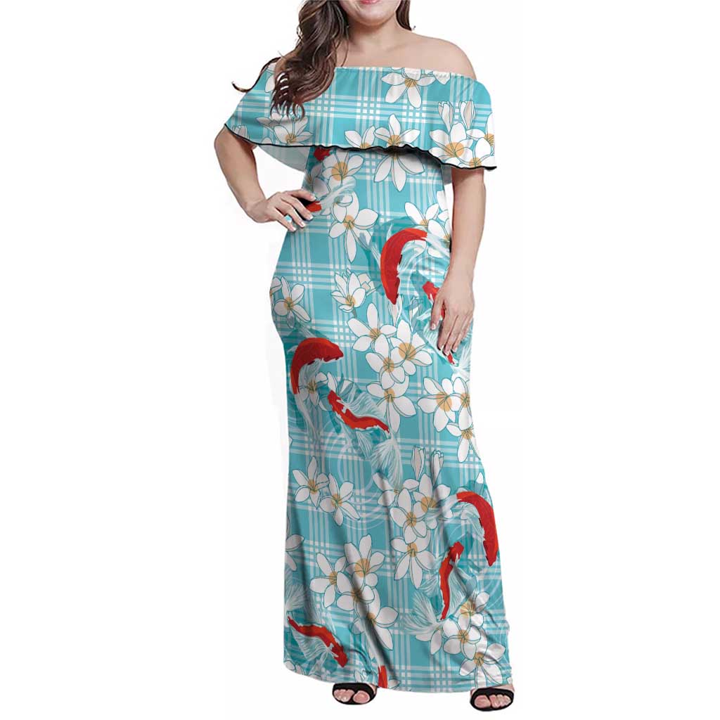 Turquoise Palaka Hawaii Aloha Family Matching Off Shoulder Maxi Dress and Hawaiian Shirt Koi Pond Mix Plumeria - Polynesian Pride