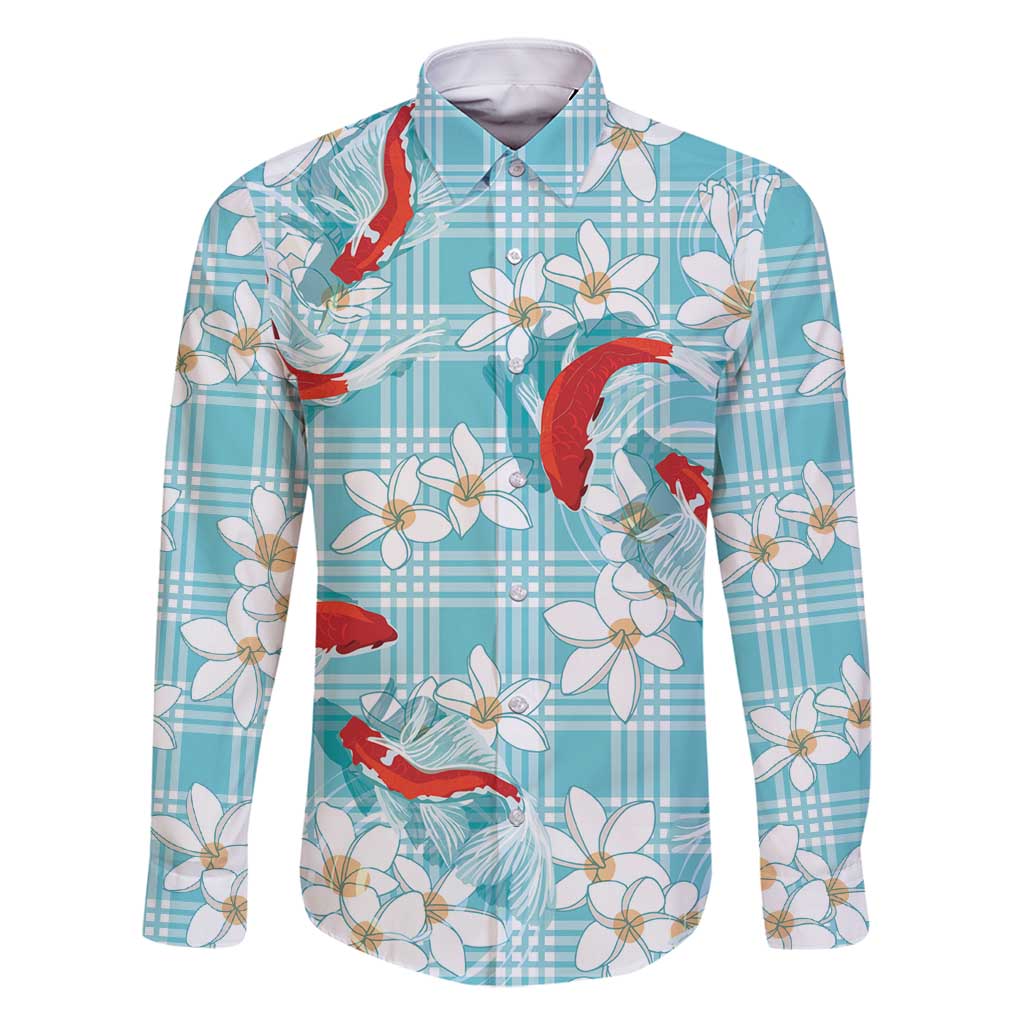Turquoise Palaka Hawaii Aloha Family Matching Off Shoulder Short Dress and Hawaiian Shirt Koi Pond Mix Plumeria - Polynesian Pride