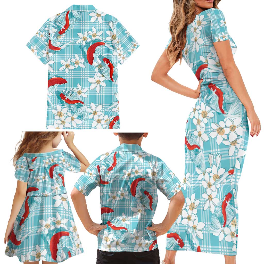 Turquoise Palaka Hawaii Aloha Family Matching Short Sleeve Bodycon Dress and Hawaiian Shirt Koi Pond Mix Plumeria - Polynesian Pride